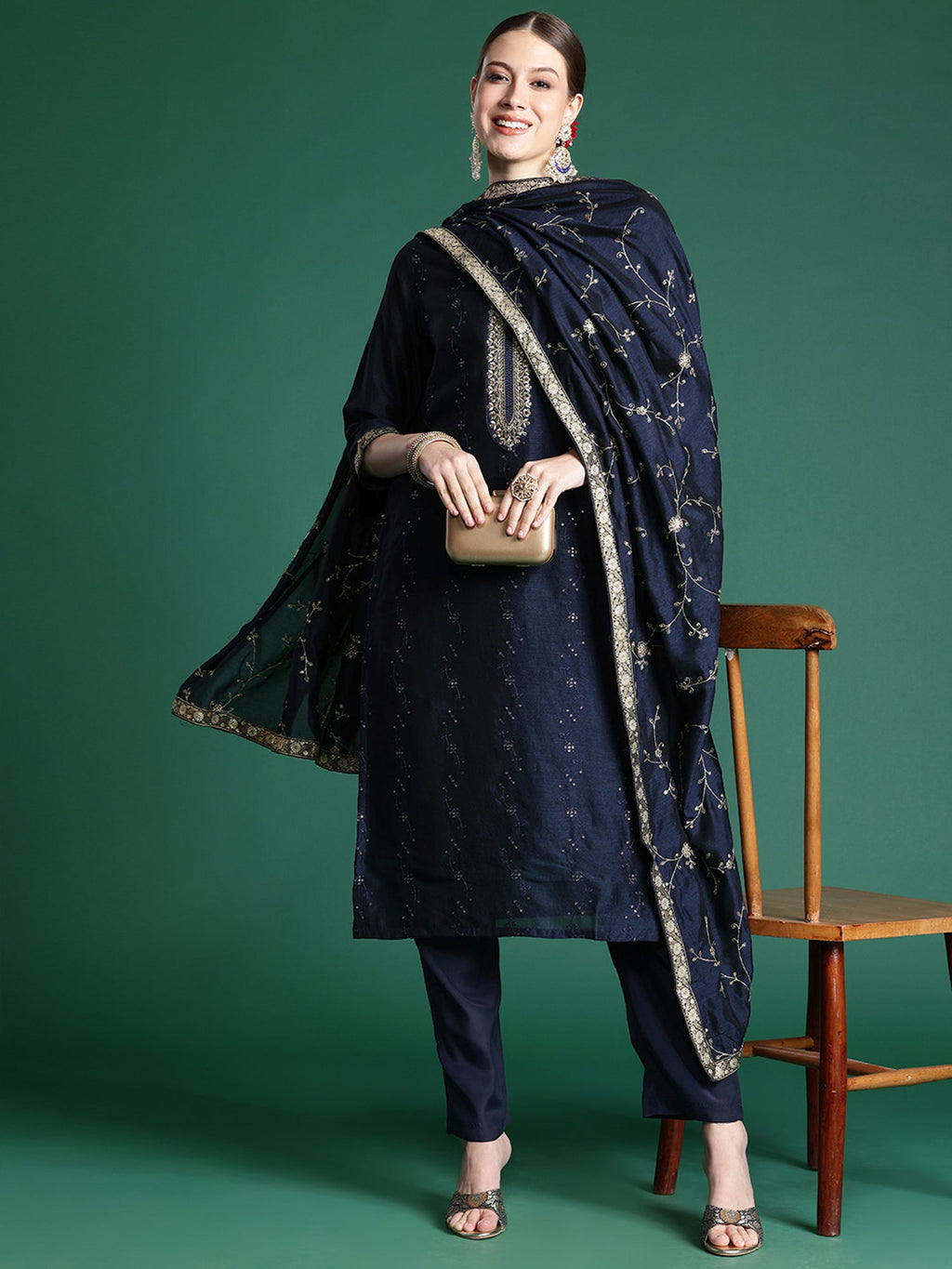 Indo Era Blue Embroidered Straight Kurta Trousers With Dupatta set - Distacart