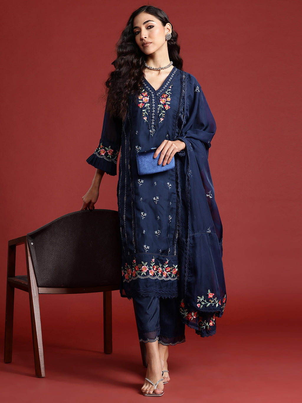 Indo Era Navy Blue Embroidered Straight Kurta Trousers With Dupatta set - Distacart