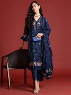 Indo Era Navy Blue Embroidered Straight Kurta Trousers With Dupatta set - Distacart