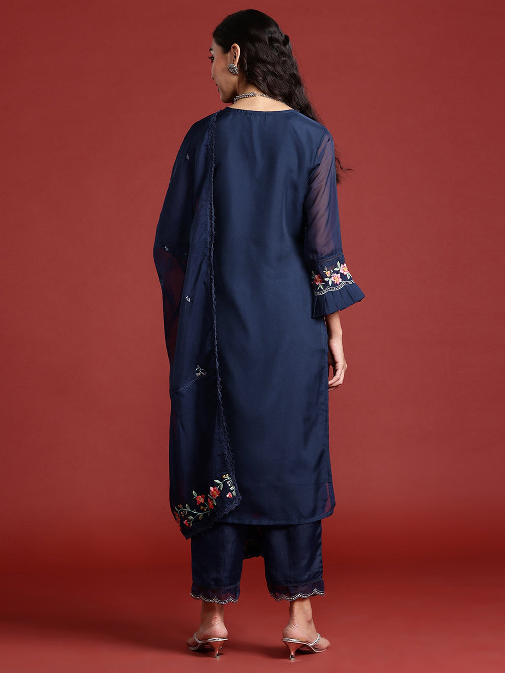 Indo Era Navy Blue Embroidered Straight Kurta Trousers With Dupatta set - Distacart