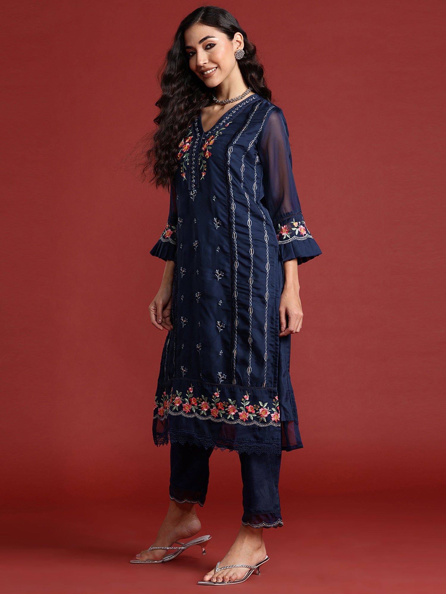 Indo Era Navy Blue Embroidered Straight Kurta Trousers With Dupatta set - Distacart