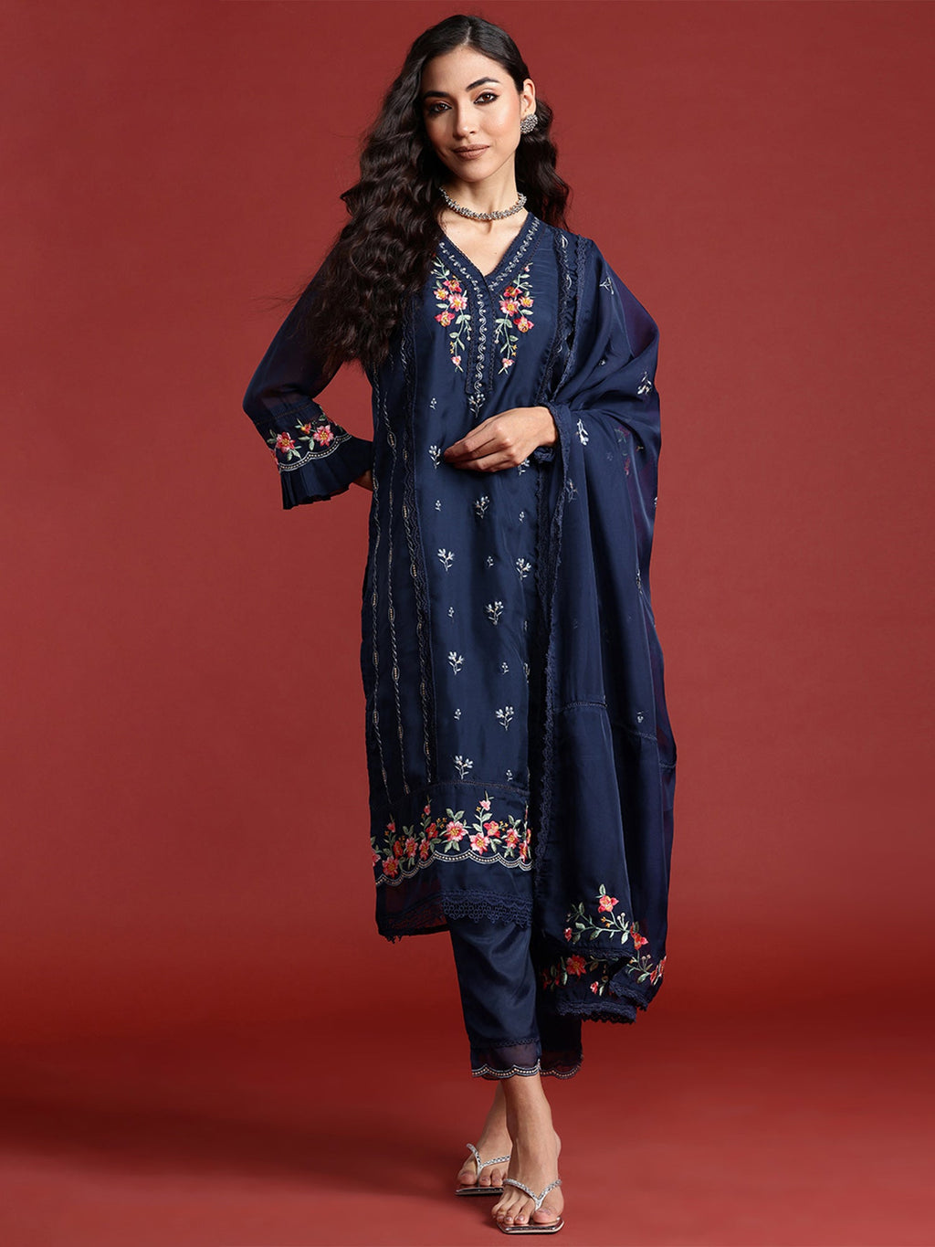 Indo Era Navy Blue Embroidered Straight Kurta Trousers With Dupatta set - Distacart