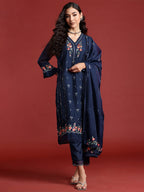 Indo Era Navy Blue Embroidered Straight Kurta Trousers With Dupatta set - Distacart