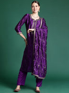 Indo Era Purple Embroidered Straight Kurta Trousers With Dupatta set - Distacart