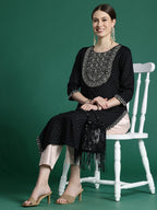 Indo Era Black Embroidered Straight Kurta - Distacart