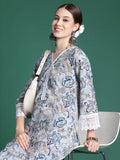 Indo Era Blue Printed Straight Kurta Trousers set - Distacart