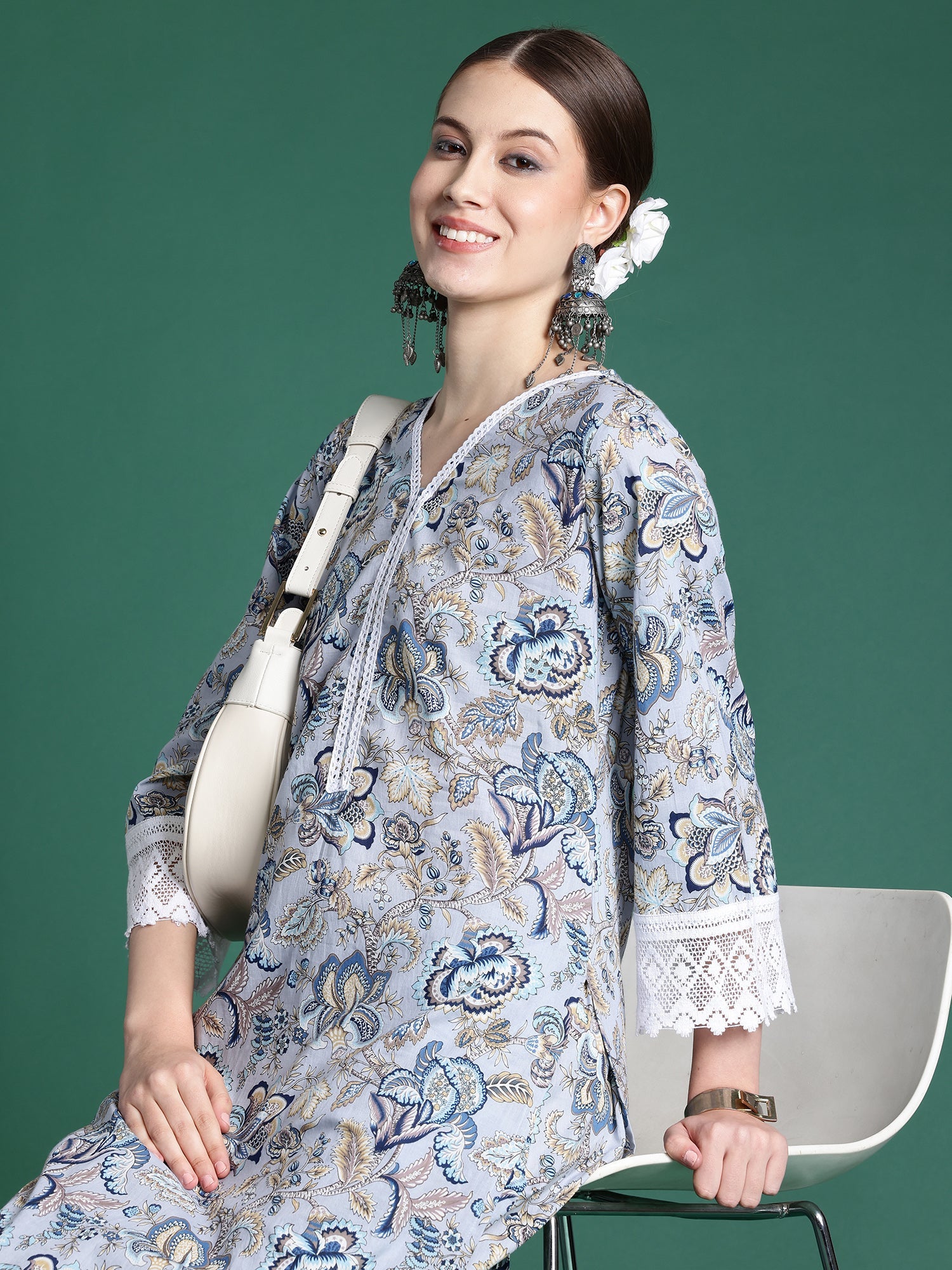 Indo Era Blue Printed Straight Kurta Trousers set - Distacart