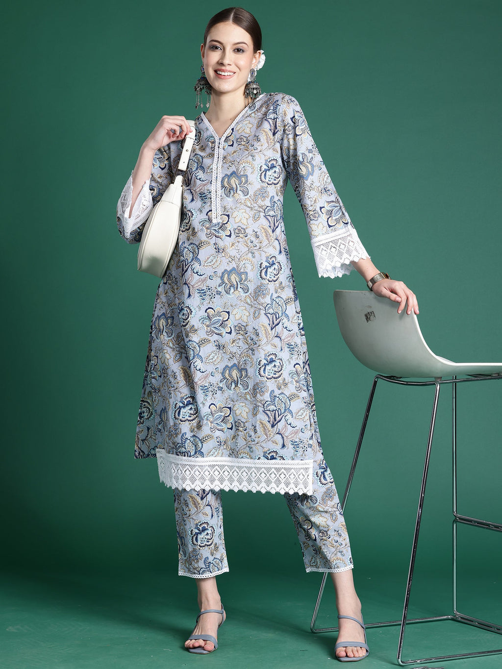 Indo Era Blue Printed Straight Kurta Trousers set - Distacart