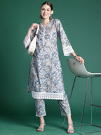 Indo Era Blue Printed Straight Kurta Trousers set - Distacart