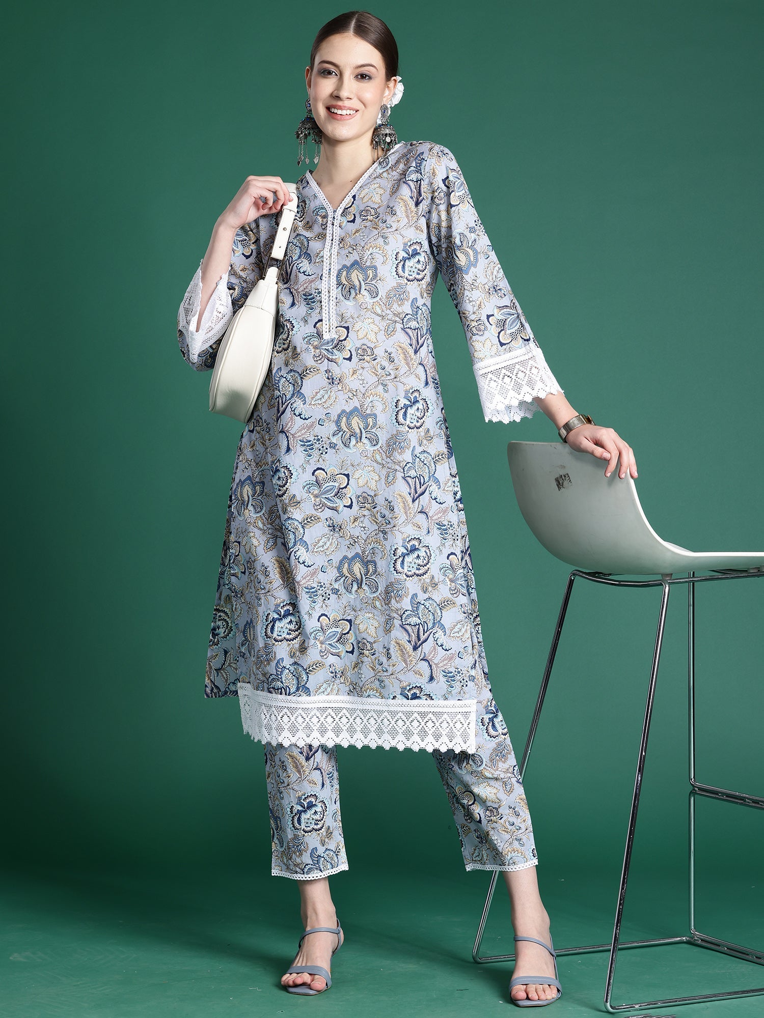 Indo Era Blue Printed Straight Kurta Trousers set - Distacart