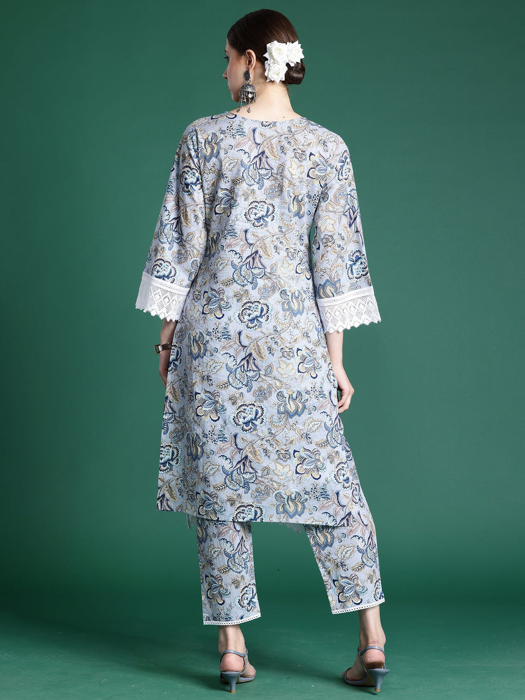Indo Era Blue Printed Straight Kurta Trousers set - Distacart