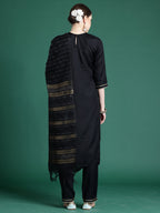 Indo Era Black Self Design Straight Kurta Trousers With Dupatta set - Distacart