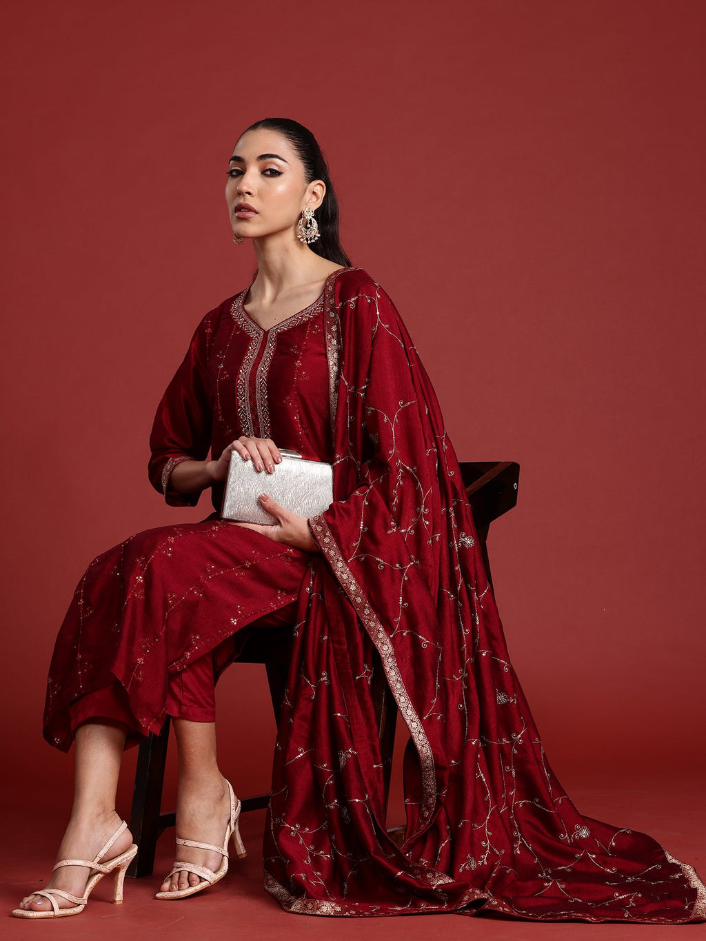 Indo Era Maroon Embroidered Straight Kurta Trousers With Dupatta set - Distacart