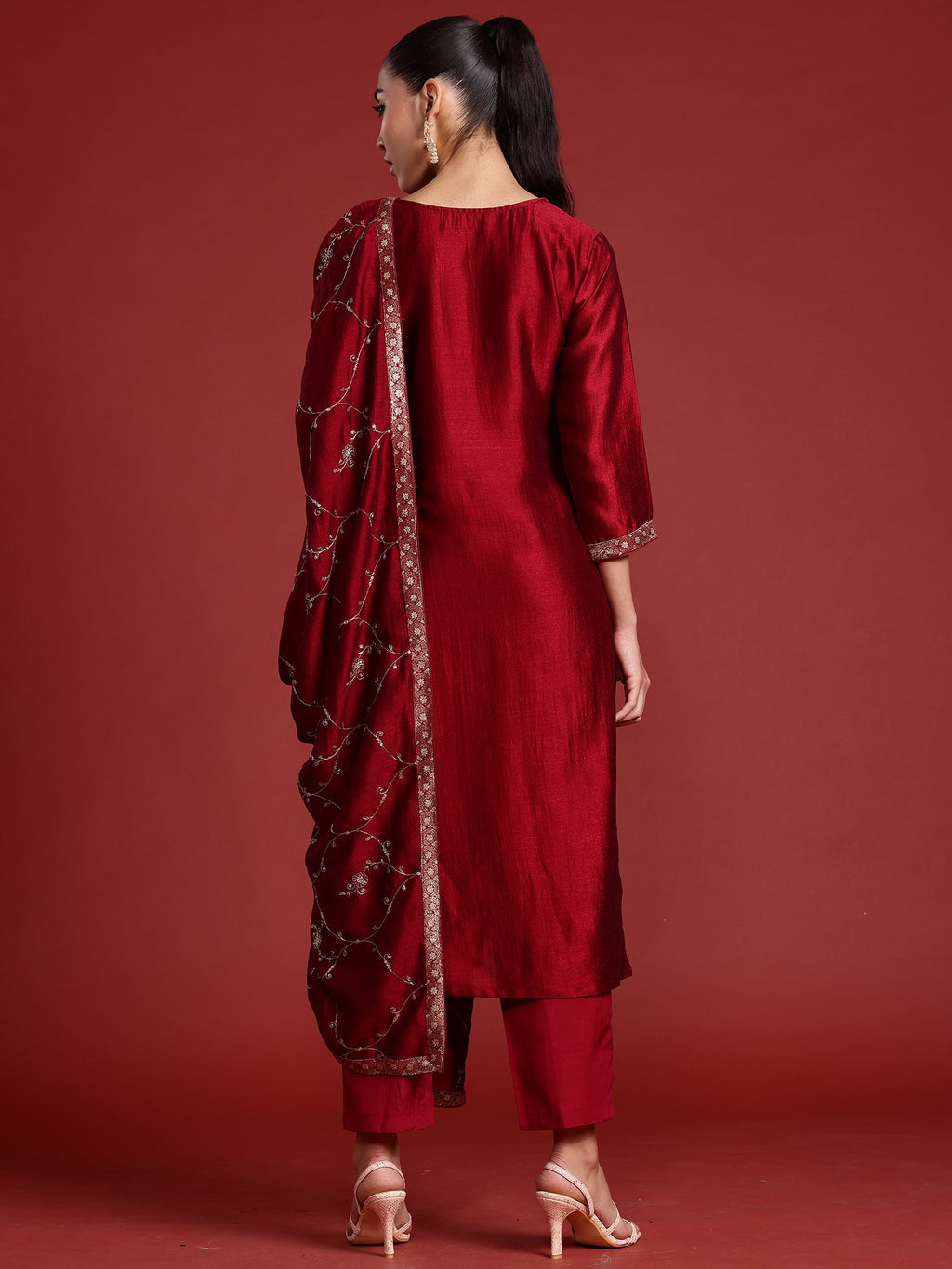 Indo Era Maroon Embroidered Straight Kurta Trousers With Dupatta set - Distacart