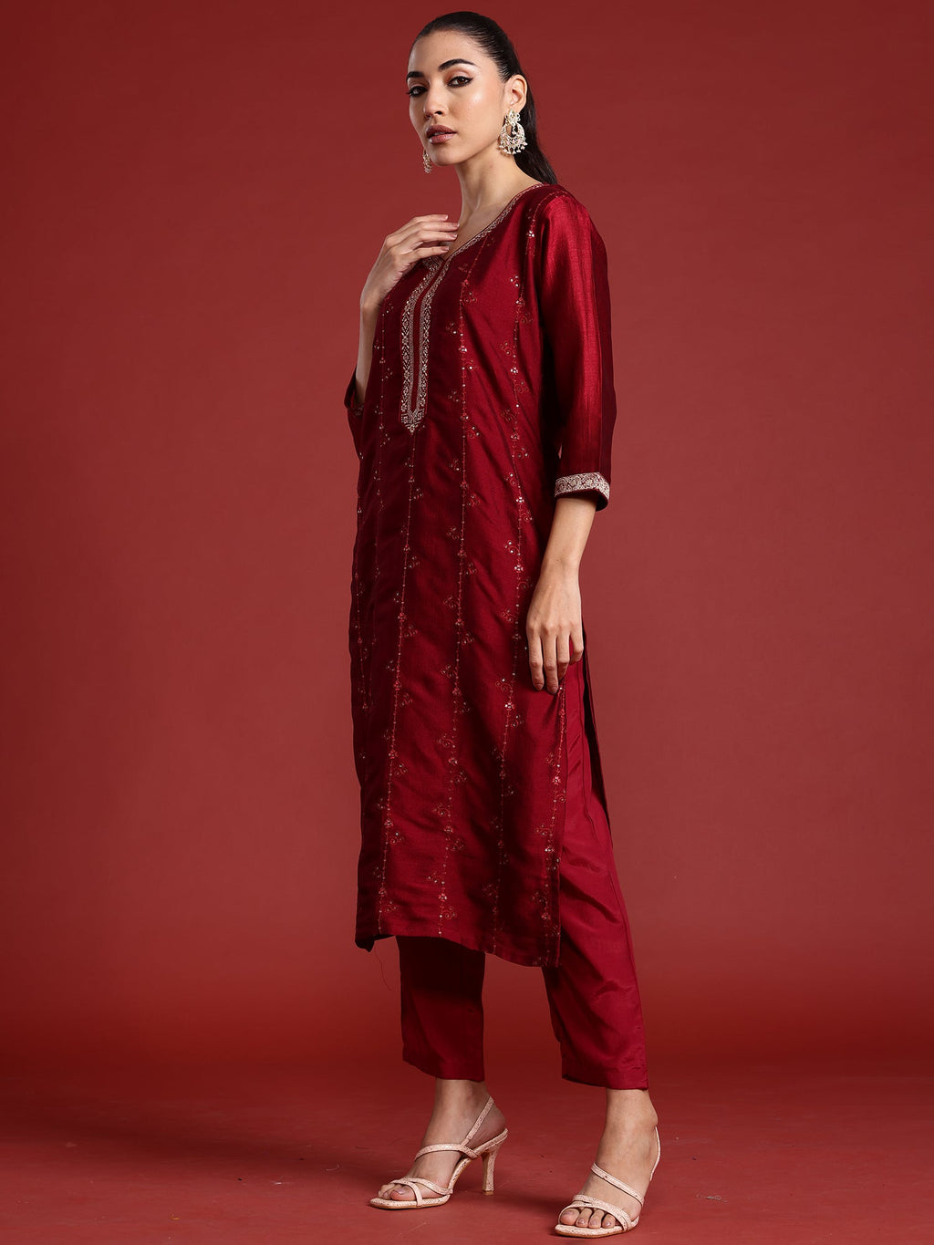Indo Era Maroon Embroidered Straight Kurta Trousers With Dupatta set - Distacart