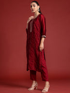 Indo Era Maroon Embroidered Straight Kurta Trousers With Dupatta set - Distacart