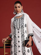 Indo Era White Embroidered Straight Kurta Trousers With Dupatta Set - Distacart