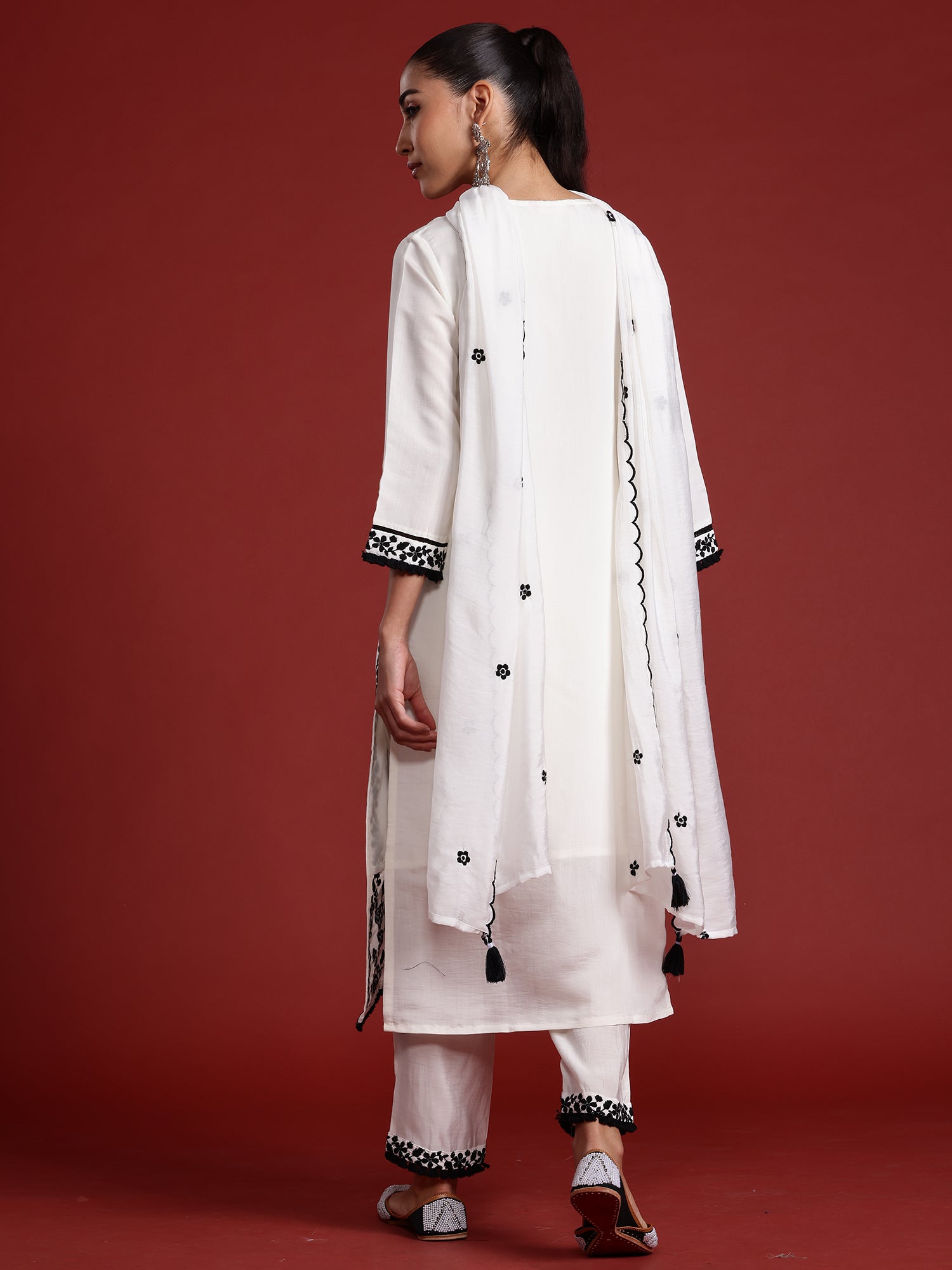 Indo Era White Embroidered Straight Kurta Trousers With Dupatta Set - Distacart