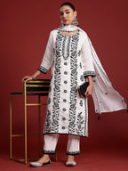 Indo Era White Embroidered Straight Kurta Trousers With Dupatta Set - Distacart