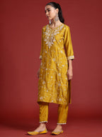 Indo Era Yellow Embroidered Straight Kurta Trousers With Dupatta Set - Distacart