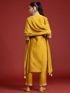 Indo Era Yellow Embroidered Straight Kurta Trousers With Dupatta Set - Distacart