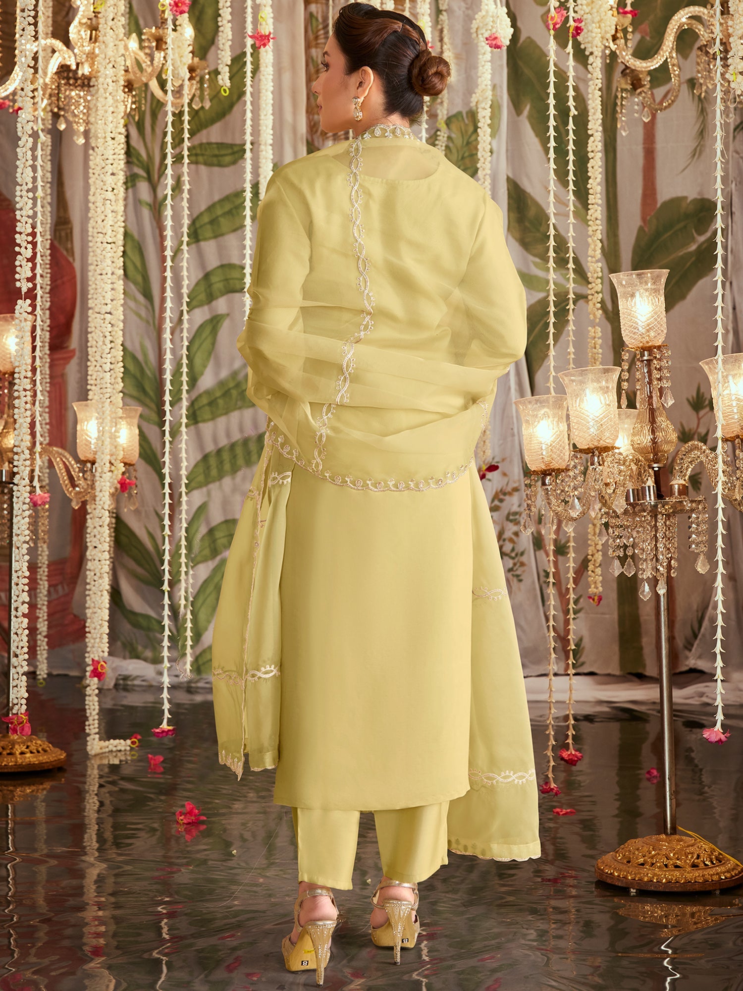 Indo Era Yellow Straight Embroidered Kurta Trousers With Dupatta Set - Distacart