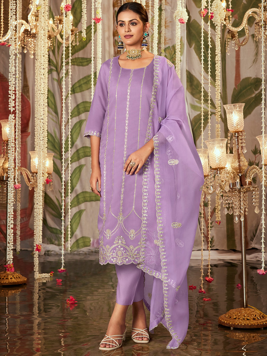 Indo Era Lavender Straight Embroidered Kurta Trousers With Dupatta Set - Distacart