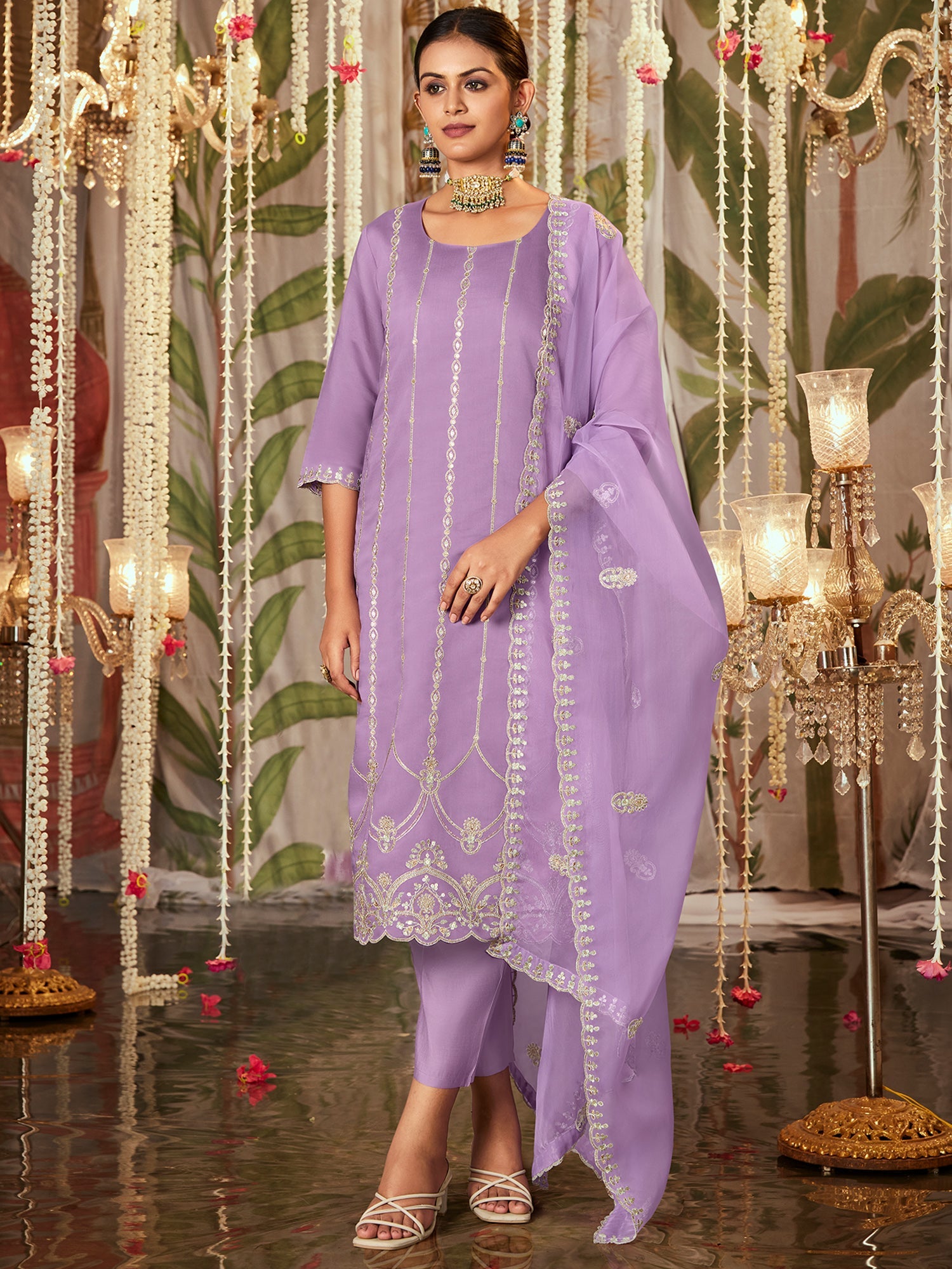Indo Era Lavender Straight Embroidered Kurta Trousers With Dupatta Set - Distacart