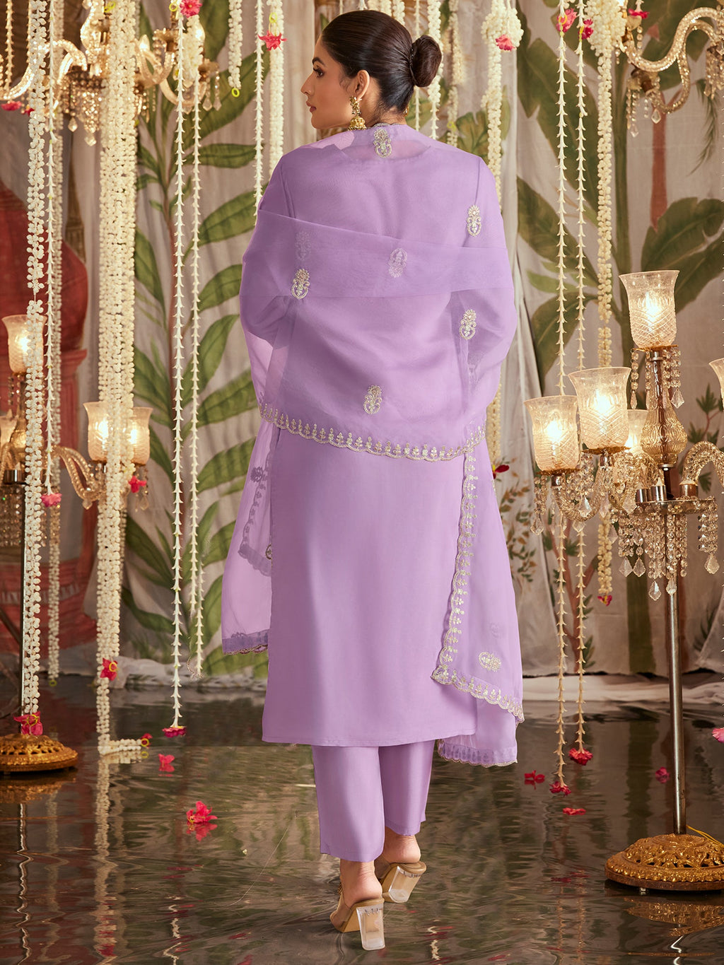 Indo Era Lavender Straight Embroidered Kurta Trousers With Dupatta Set - Distacart