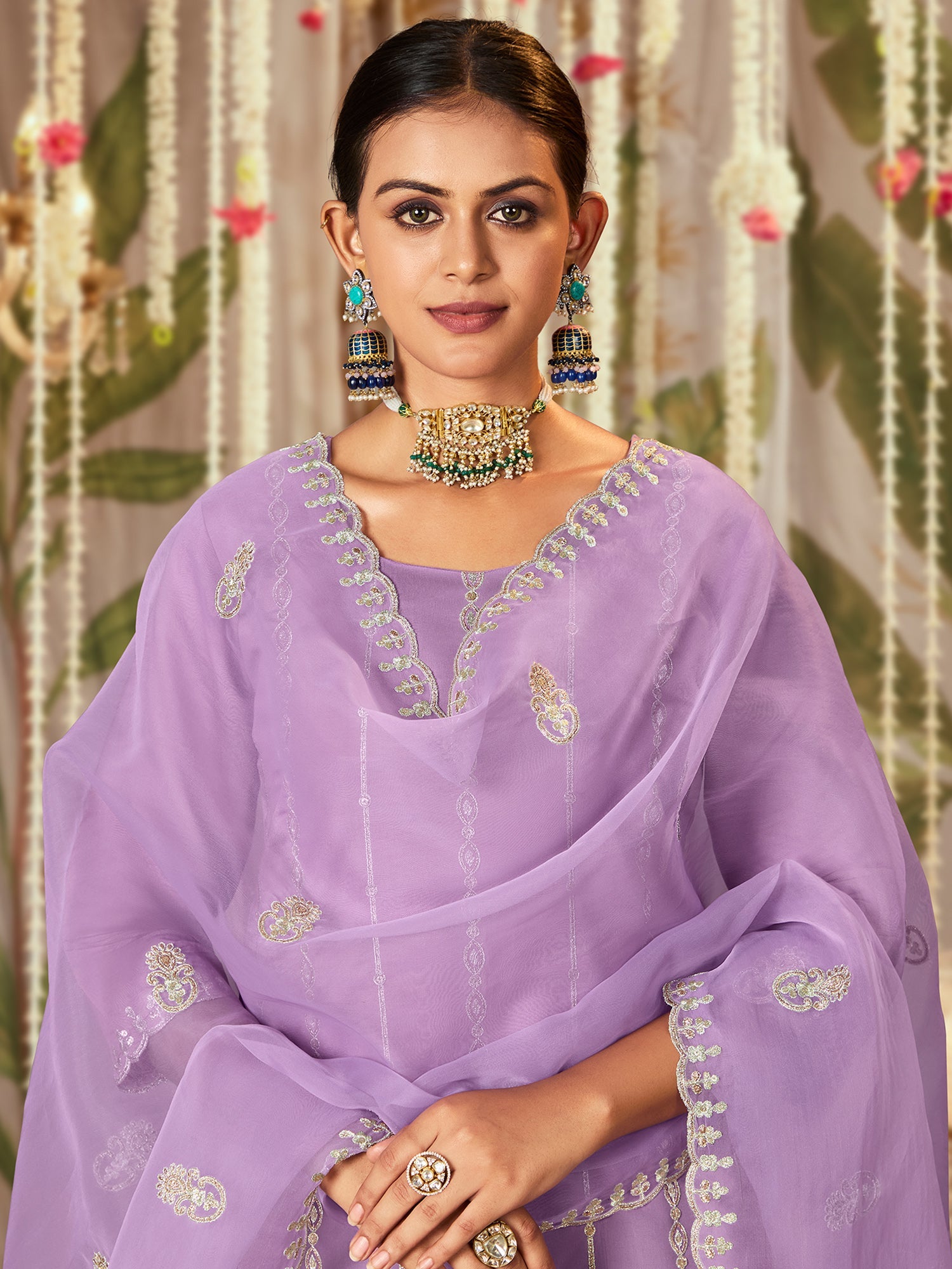 Indo Era Lavender Straight Embroidered Kurta Trousers With Dupatta Set - Distacart