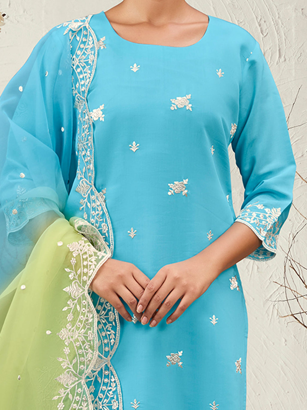Indo Era Blue Straight Embroidered Kurta Trousers With Dupatta Set - Distacart