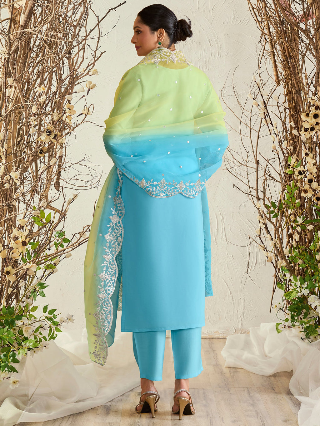 Indo Era Blue Straight Embroidered Kurta Trousers With Dupatta Set - Distacart