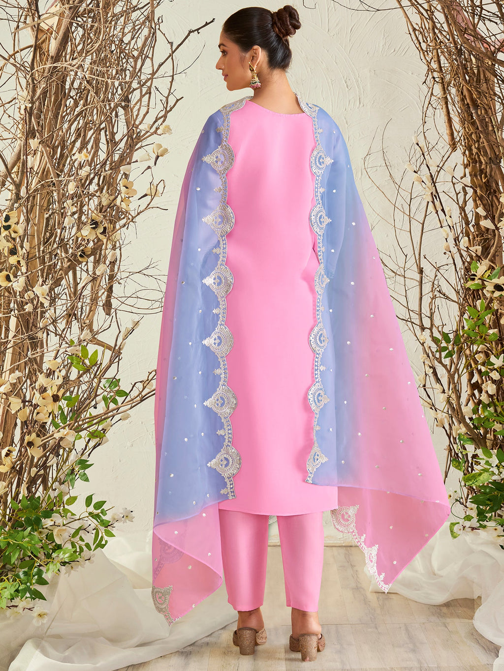 Indo Era Pink Straight Embroidered Kurta Trousers With Dupatta Set - Distacart