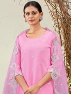 Indo Era Pink Straight Embroidered Kurta Trousers With Dupatta Set - Distacart