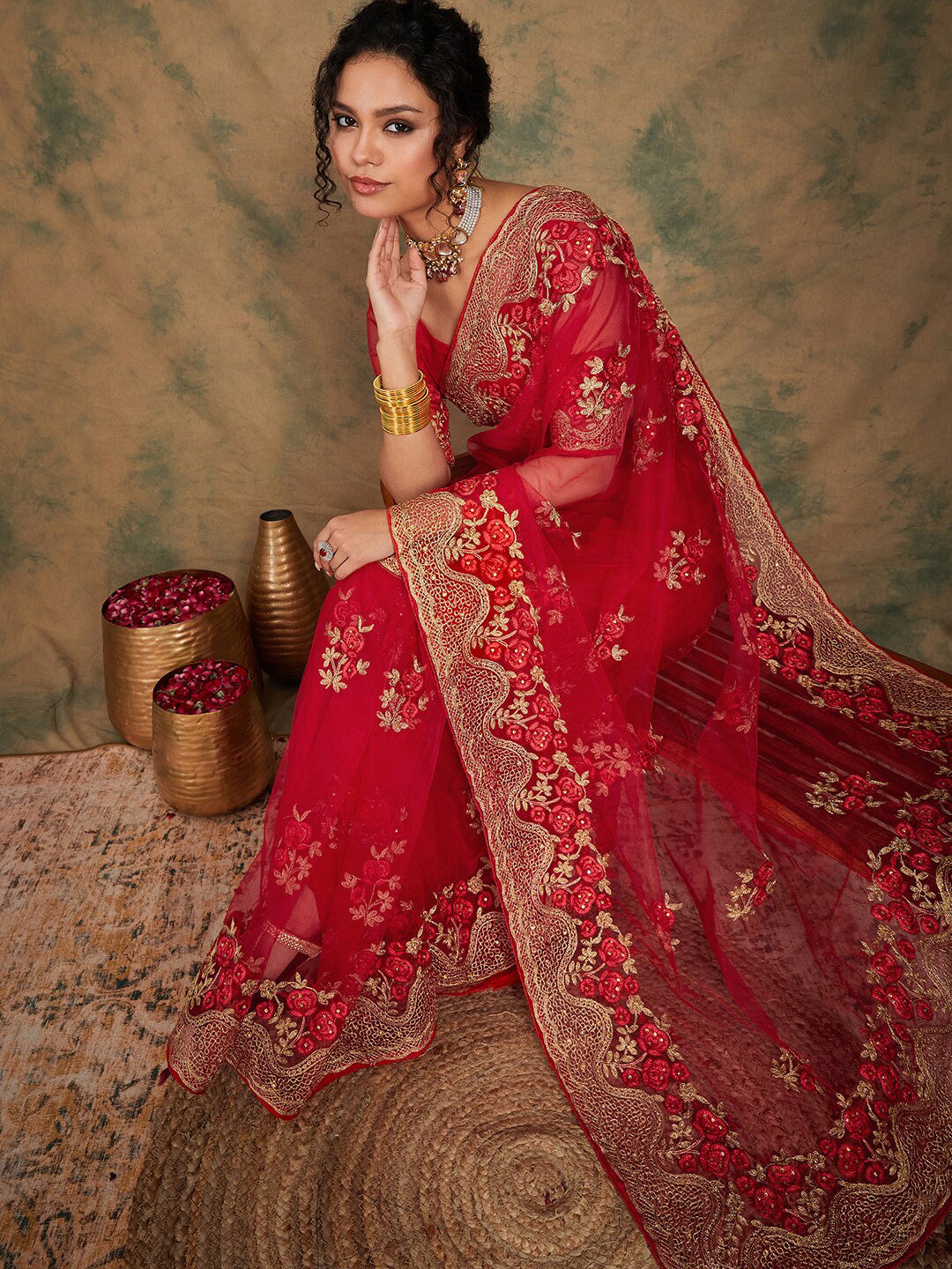 Sangria Ethnic Motifs Embroidered Net Saree - Distacart