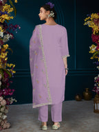 Indo Era Lavender Straight Embroidered Kurta Trousers With Dupatta Set - Distacart