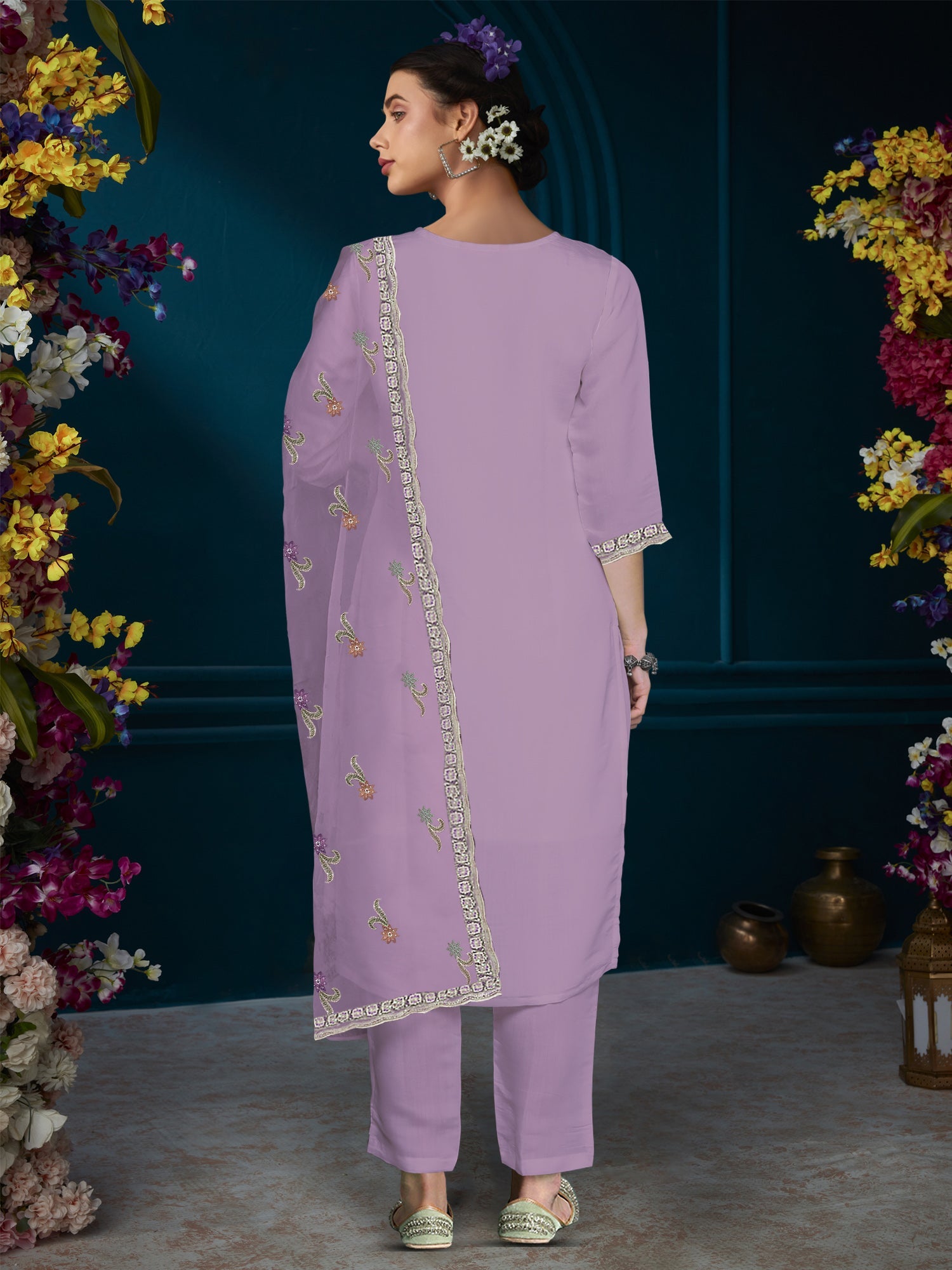 Indo Era Lavender Straight Embroidered Kurta Trousers With Dupatta Set - Distacart
