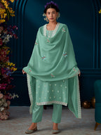 Indo Era Green Straight Embroidered Kurta Trousers With Dupatta Set - Distacart
