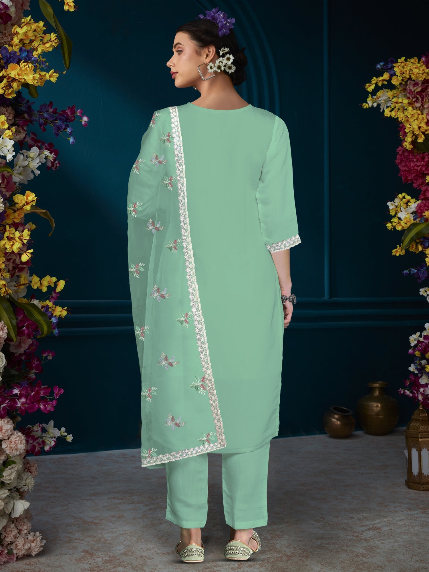 Indo Era Green Straight Embroidered Kurta Trousers With Dupatta Set - Distacart
