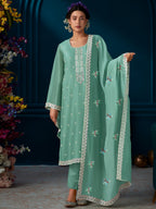 Indo Era Green Straight Embroidered Kurta Trousers With Dupatta Set - Distacart