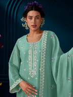 Indo Era Green Straight Embroidered Kurta Trousers With Dupatta Set - Distacart