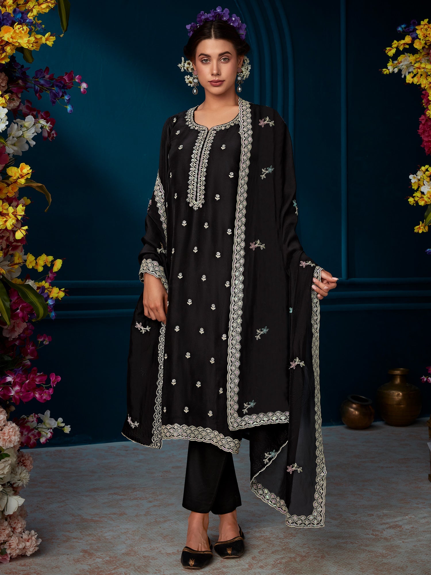 Indo Era Black Straight Embroidered Kurta Trousers With Dupatta Set - Distacart
