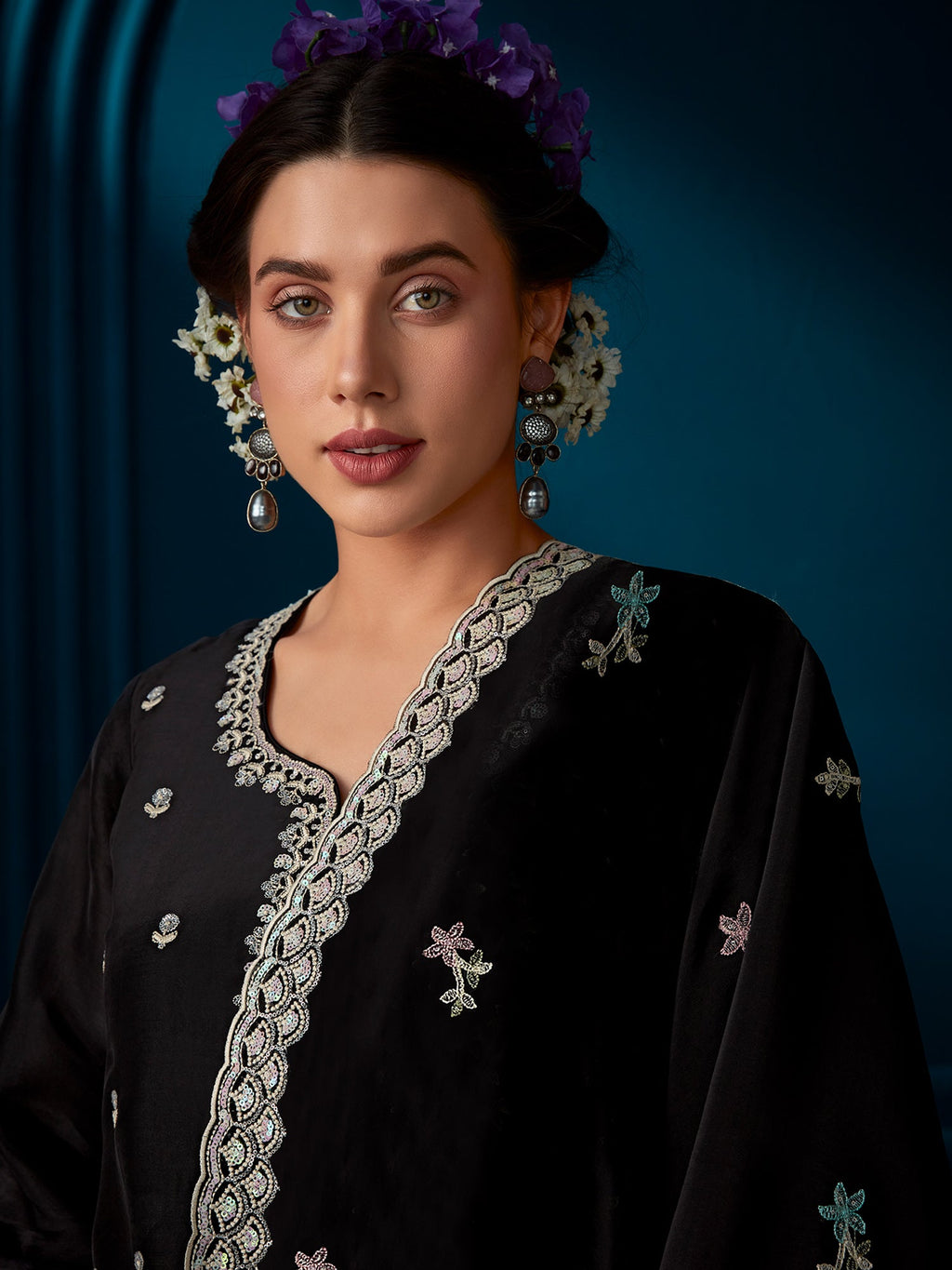 Indo Era Black Straight Embroidered Kurta Trousers With Dupatta Set - Distacart