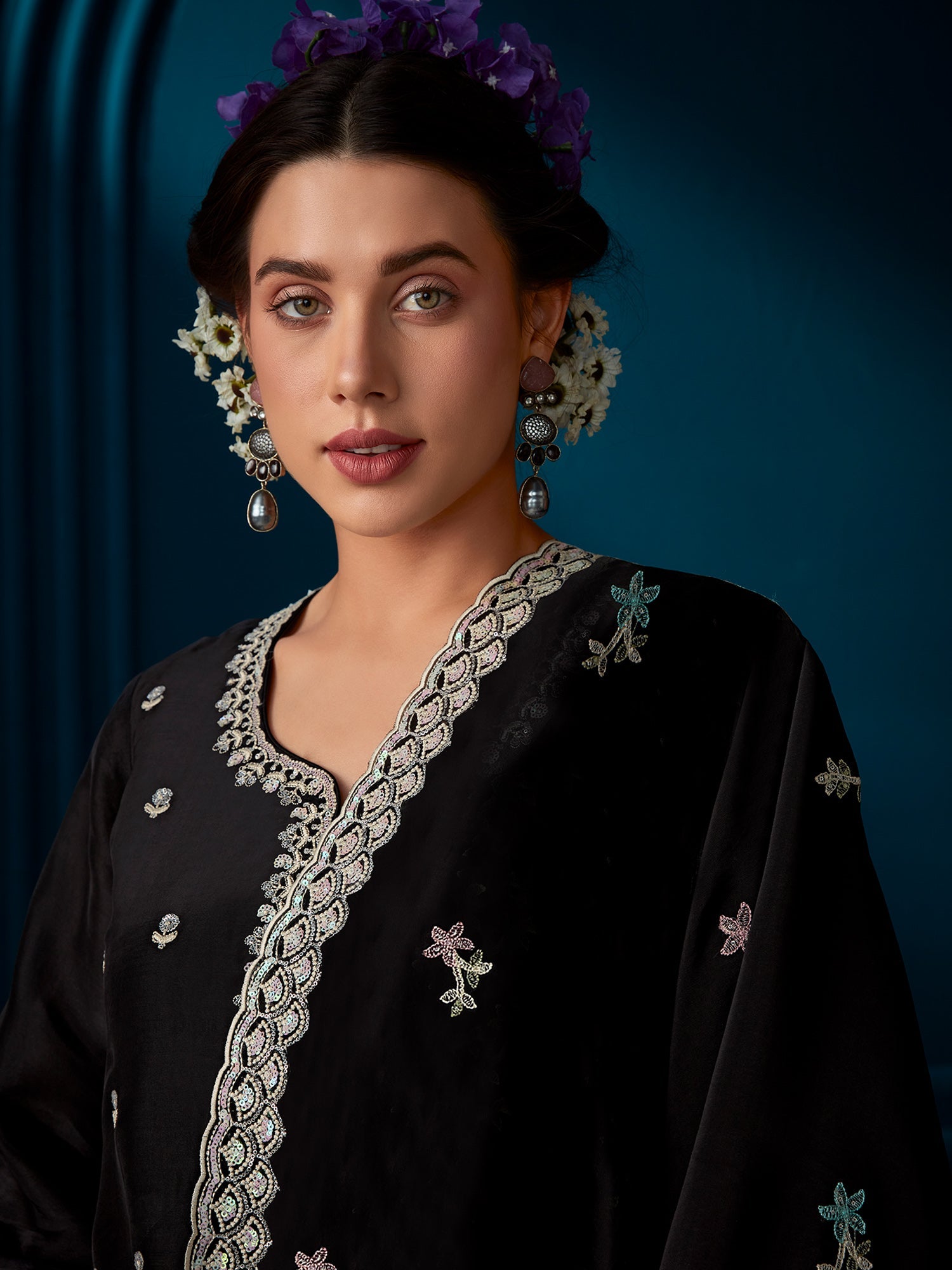 Indo Era Black Straight Embroidered Kurta Trousers With Dupatta Set - Distacart