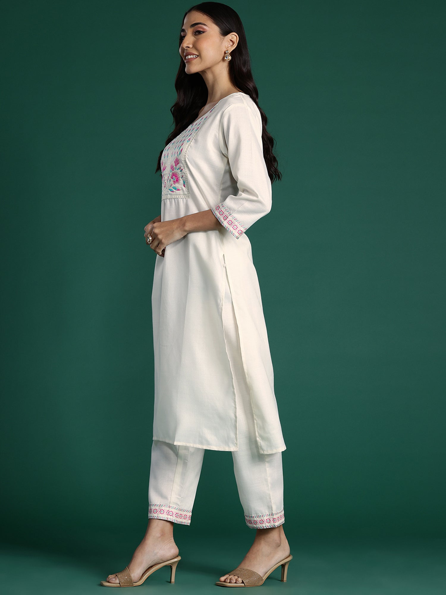 Indo Era White Yoke Design Straight Kurta Trousers With Dupatta set - Distacart