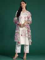 Indo Era White Yoke Design Straight Kurta Trousers With Dupatta set - Distacart