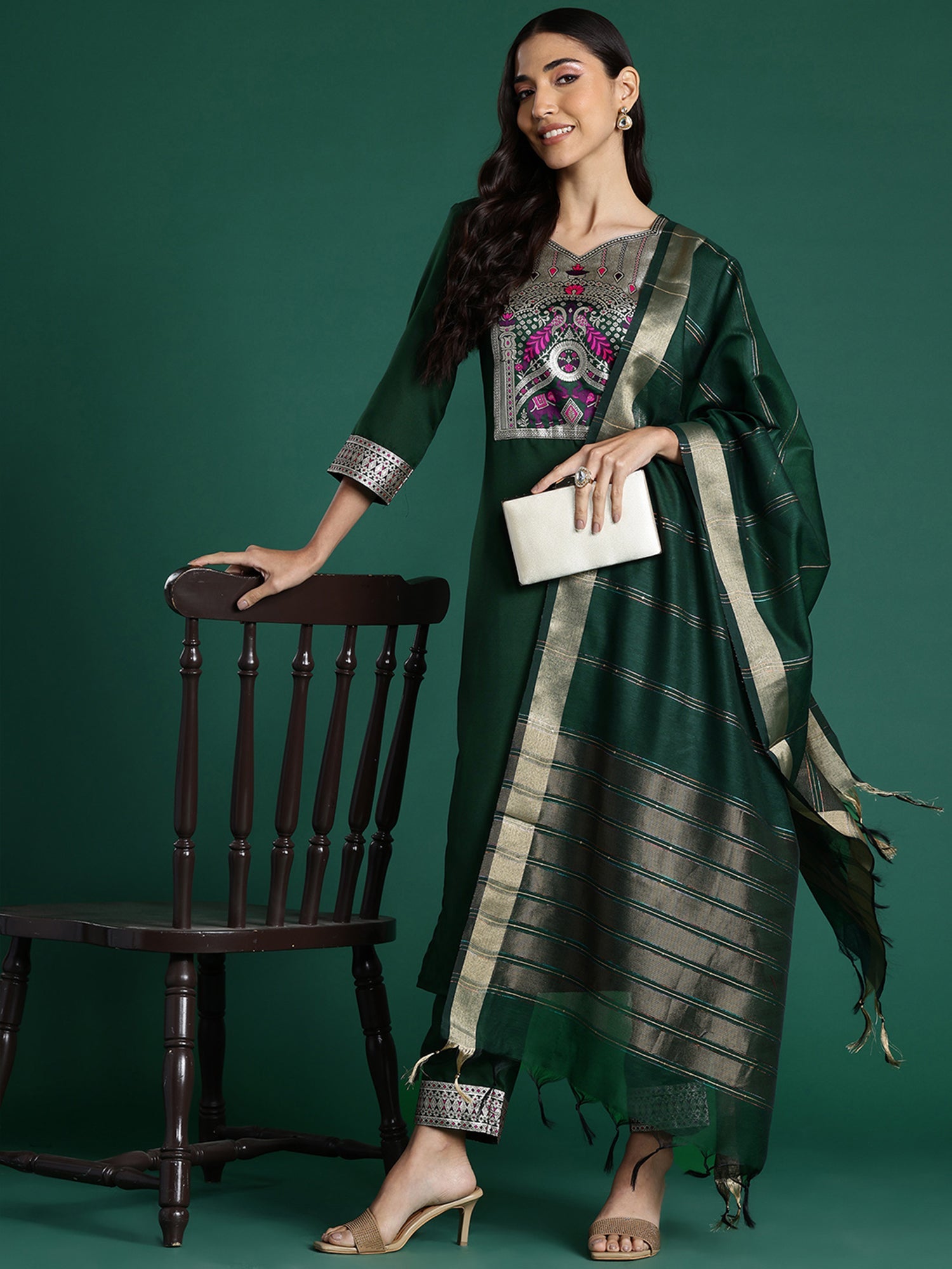 Indo Era Green Yoke Design Straight Kurta Trousers With Dupatta set - Distacart