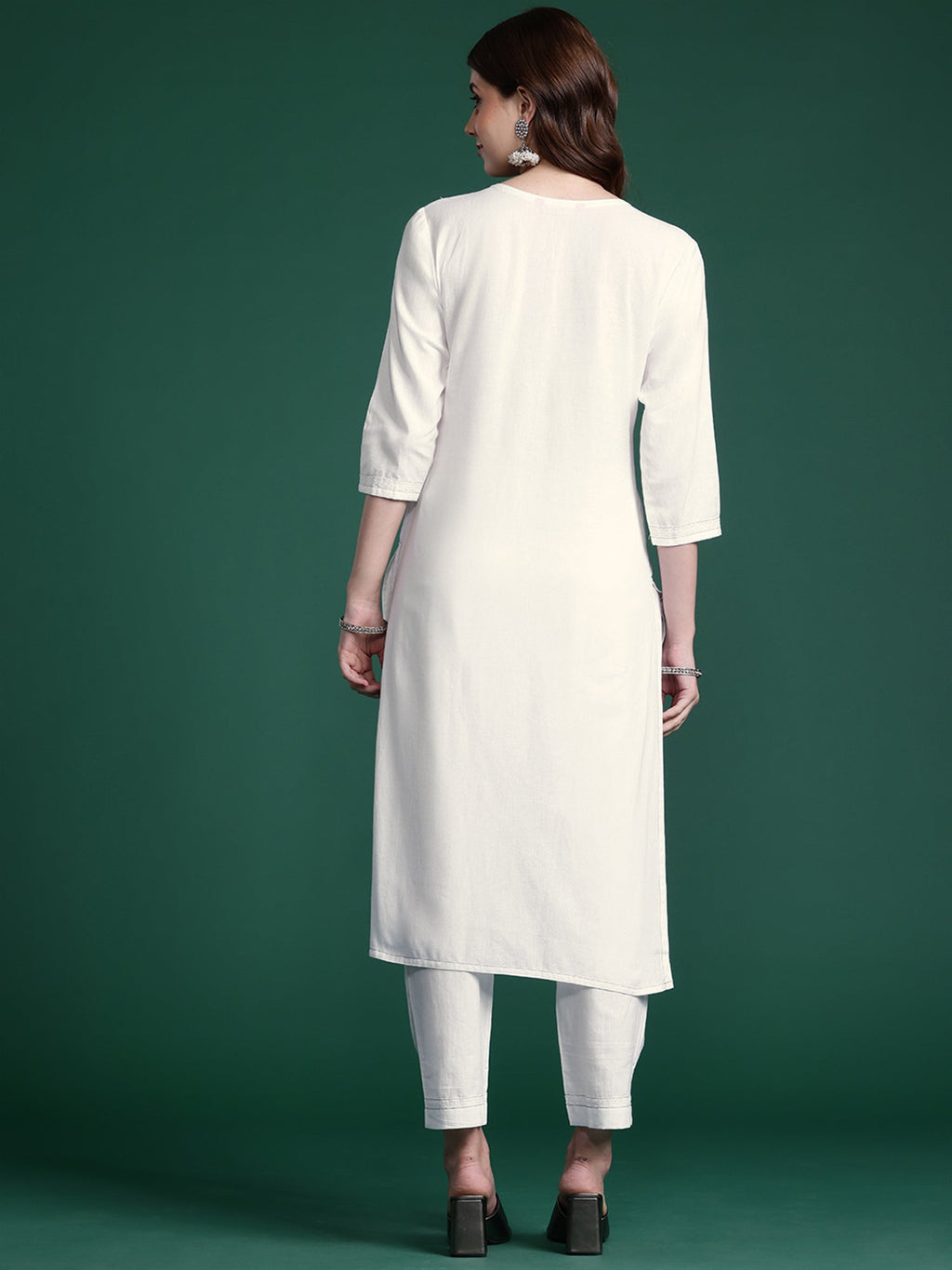 Indo Era White Embroidered Straight Kurta Trousers set - Distacart