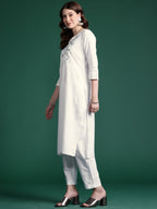 Indo Era White Embroidered Straight Kurta Trousers set - Distacart