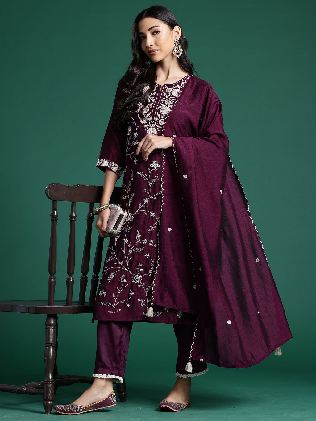 Indo Era Burgandy Straight Embroidered Kurta Trousers With Dupatta Set - Distacart
